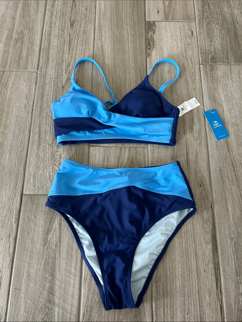 NWT Cupshe Navy and Light Blue Two-Piece High-Waist Swim Set